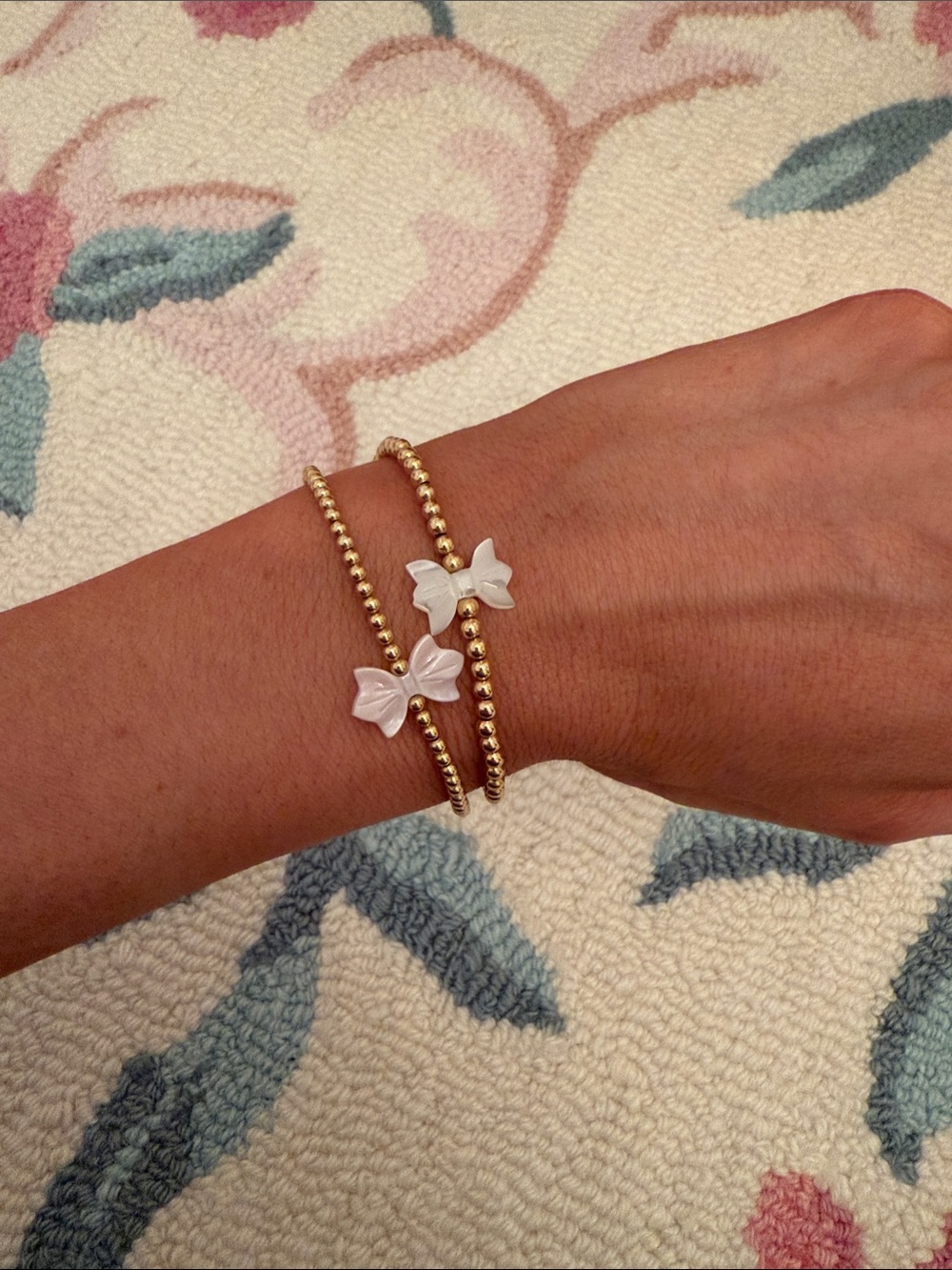 Gold Beaded Bracelet Set with Bow Accent - Women Jewelry